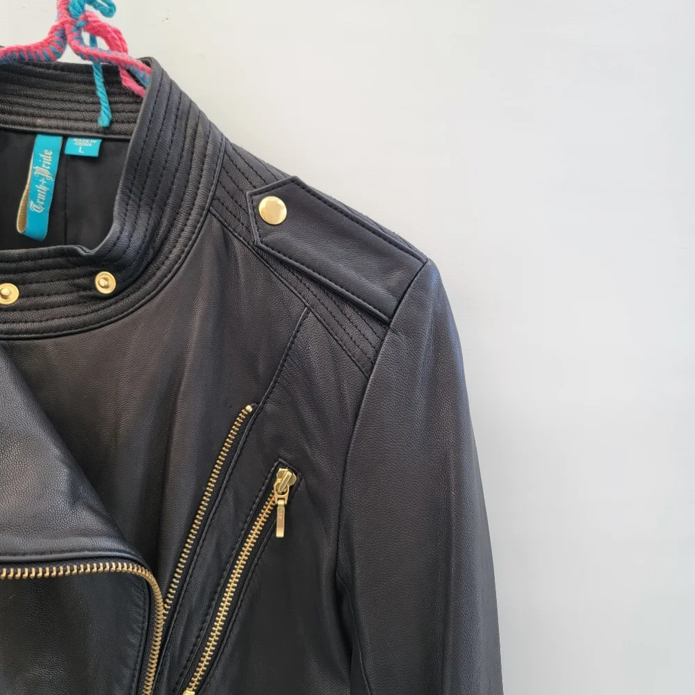 Truth+Pride Black Leather Moto Jacket Size Large Minimalist Classic Gold Neutral - Picture 3 of 16